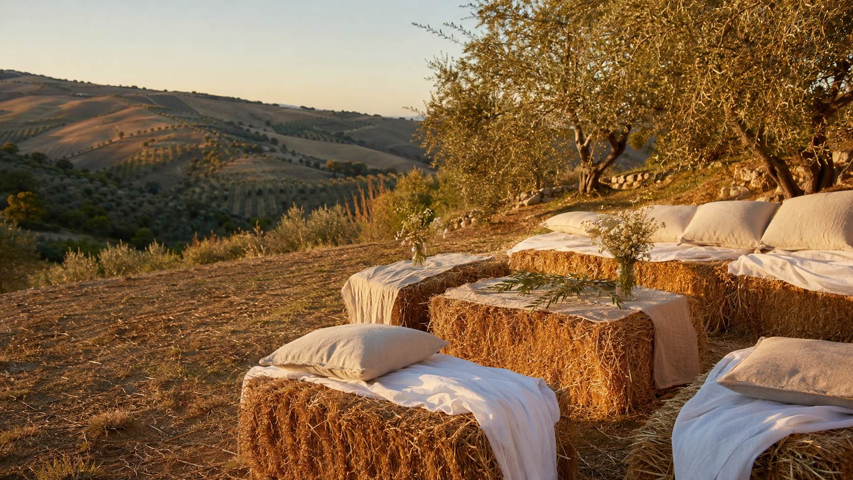 Allestimento country-chic con balle prismatiche, cuscini in lino e rami d’ulivo al tramonto